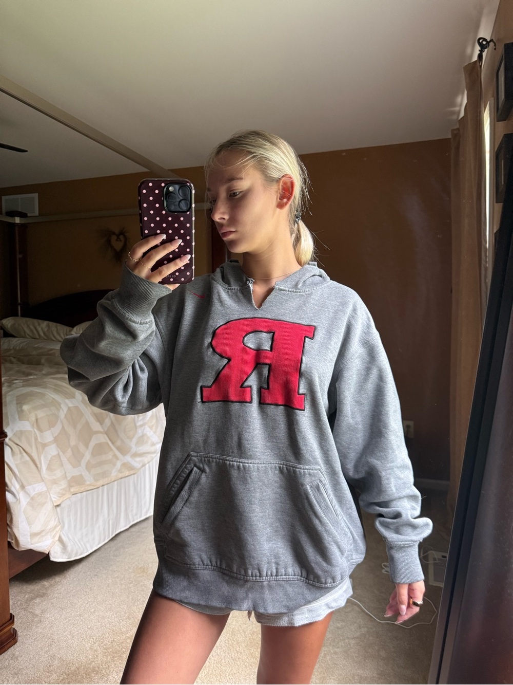 Nike Gray Hoodie with Red Letter Patch - Women's Pullover